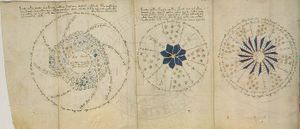 This three-page foldout from the manuscript includes a chart that appears astronomical.