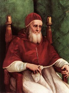 Pope Julius II, painted by Raphael (oil on wood, c. 1511).  Julius attempted to secure Papal authority in Italy by creating the League of Cambrai, an alliance aimed at curbing Venetian power.