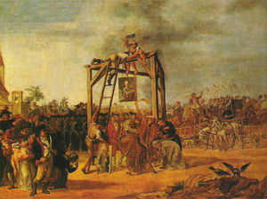 Hanging of traitors at Warsaw's Old Town Market, a contemporary painting by Jan Piotr Norblin. The supporters of the Targowica Confederation, responsible for the second partition of Poland, became public enemies. If they could not be captured, their portraits were hanged instead.