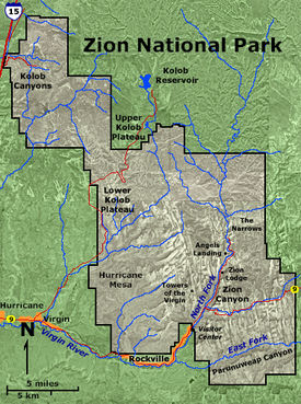 Map of Zion National Park showing the Zion and Kolob canyon sections.