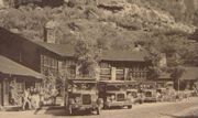 Tour buses at Zion Lodge in 1929. Tourism greatly increased after paved all-weather highways were built to Zion.