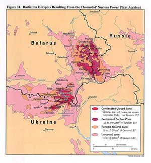 Map showing caesium-137 contamination in Belarus, Russia, and Ukraine. In curies per square kilometer (1 curie is 37 gigabecquerels).