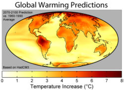 A map of predicted global warming at the end of the 21st century accourding to the HADCM3 climate model with a business-as-usual emissions scenario (IS92a). This model has an average warming of 3.0°C