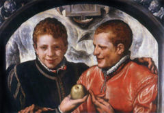 Two Young Men In this painting modern interpreters have viewed the apple alternately as an ironic twist on Christian symbology intended by the painter as a sexual innuendo between two men [2], or as a memento mori [3]. Crispin van den Broeck (Dutch), ca. 1590; Oil on panel; Fitzwilliam Museum, Cambridge.
