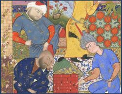 A Persian youth playing chess with two suitors. A form of chess was played in Persia as early as the 3rd century.