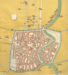 Map of Haarlem, the Netherlands, of around 1550. The city is completely surrounded by a city wall and defensive canal. The square shape is inspired by Jerusalem