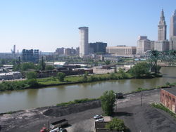 A collection of bridges crossing the Cuyahoga River in downtown Cleveland. The low-level bridges are drawbridges, while the high-level bridge in the background is fixed.