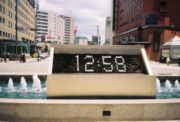 A digital clock outside Kanazawa Station displays the time by controlling valves on a fountain.