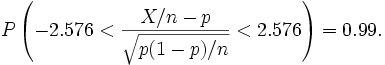 P\left(-2.576<\frac{X/n-p}{\sqrt{p(1-p)/n}}<2.576\right)=0.99.