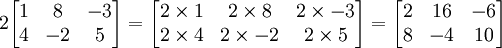 2   \begin{bmatrix}     1 & 8 & -3 \\     4 & -2 & 5   \end{bmatrix} =   \begin{bmatrix}     2\times 1 & 2\times 8 & 2\times -3 \\     2\times 4 & 2\times -2 & 2\times 5   \end{bmatrix} =   \begin{bmatrix}     2 & 16 & -6 \\     8 & -4 & 10   \end{bmatrix}
