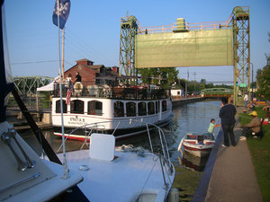 A commercial tour boat locks through Baldwinsville's Lock 24 on the Erie Canal.