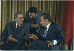 Brezhnev and Nixon talk during Brezhnev's June 1973 visit to Washington—a high-water mark in détente between the United States and the Soviet Union.