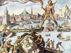 Colossus of Rhodes, imagined in a 16th-century engraving by Martin Heemskerck, part of his series of the Seven Wonders of the World