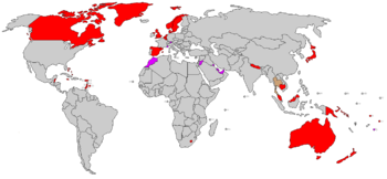 Constitutional monarchies with representative parliamentary systems are shown in red.  Other constitutional monarchies (shown in magenta) have monarchs who continue to exercise political influence, albeit within certain legal restrictions.