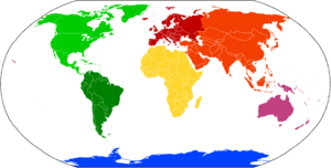 Color-coded regions of the world based on the seven commonly-recognised continents