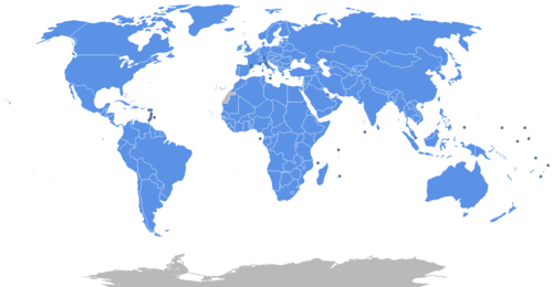 A world map showing the members of the UN. Note that Antartica has no government except for a few research bases run by various UN countires.