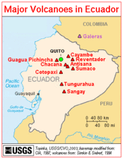 Map showing the location of Cotopaxi and other volcanoes in Ecuador.