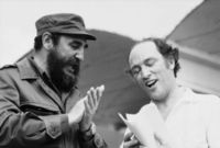 Fidel Castro and Canadian Prime Minister Pierre Trudeau join together in song, January 1976.