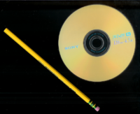 A 12 cm Sony DVD+RW shown in comparison in size to a 7.5 inch Dixon Ticonderoga pencil.