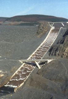 Spillway on Llyn Brianne dam, Wales soon after first fill