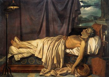 Lord Byron on his deathbed as depicted by Joseph-Denis Odevaere c.1826 Oil on canvas, 166 x 234,5 cm Groeninge Museum, Bruges. Note the sheet covering his misshapen right foot.
