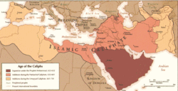 The "Age of the Caliphs," showing Muslim dominance stretching from the Middle East to the Iberian peninsula, including the port of Narbonne, c. 720