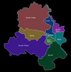 Map showing the nine districts of Delhi