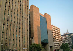 Tall buildings in the downtown area near Connaught Place, the commercial hub of Delhi.