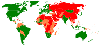 This map reflects the findings of Freedom House's survey Freedom in the World 2006. Freedom House considers the green nations to be liberal democracies. Some of these estimates are disputed. ██ Free            ██ Partly Free       ██ Not Free