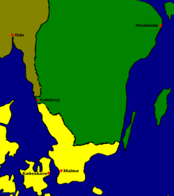 Gothenburg's location around 1600. (Denmark yellow, Norway brown).