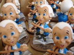 Mozart merchandise on sale at an outside market stall in Residenz Square in Salzburg.