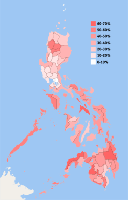 Percentage of population in 2003 living below poverty line, by province. Provinces with darker shades have more people living below the poverty line.