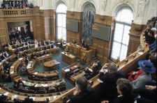 The Folketing in session. The speaker's podium seen from the balcony of the former members of parliament.