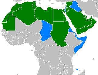 This image shows where Arabic is the only official language (green) and where Arabic is one of the official languages (blue).