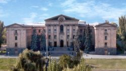 The façade of the National Assembly of Armenia in downtown Yerevan.