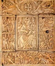Carved ivory binding, front cover in five sections of Echmiadzin Gospel, Virgin and Child with scenes from her life, 6th century