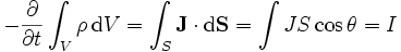 - \frac{\partial}{\partial t} \int_V \rho\, \mathrm{d}V = \int_S \mathbf{J} \cdot \mathrm{d}\mathbf{S} = \int J S \cos\theta = I