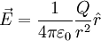 \vec{E} =\frac{1}{4 \pi \varepsilon_0}\frac{Q}{r^2}\hat{r}