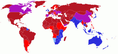  Map of the world showing the driving directions for all countries and any changes that have occurred, beginning with Finland's change in 1858██ drives on right██ drove on left, now drives on right██ drives on left██ drove on right, now drives on left██ had different rules of the road within borders, now drives on right