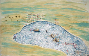 Nicolas de Cardona, in his 1632 edition of "World Exploration", published this view of the bay and city of Acapulco, mentionning the presence of "a ship from Japan" (letter "D"), probably the San Juan Bautista (Gonoi, p53). Cardona was in Acapulco between end of 1614 and March 21st 1615. The full legend reads: A. The ships of the expedition. B. The castle of San Diego. C. The town. D. A ship that has come from Japan. E. Los Manzanillos. F. El Grifo.