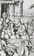 Print depicting Hasekura kneeling before the Pope, German edition.