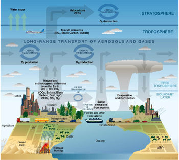 Diagram of chemical and transport processes related to atmospheric composition.