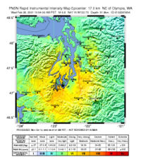 An isoseismal map created by the Pacific Northwest Seismograph Network showing the instrument-recorded intensities of the 2001 Nisqually earthquake of February 28, 2001.