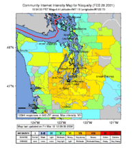 A Community Internet Intensity Map generated by the USGS showing the intensity of shaking felt by humans during the Nisqually earthquake; locality divisions are by ZIP Code.