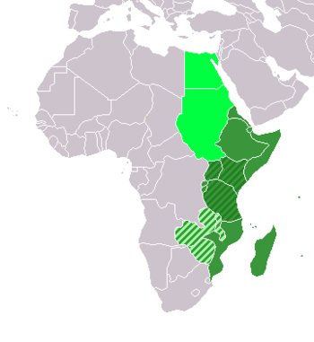  ██ Eastern Africa (UN subregion) ██ East African Community ██ Central African Federation (defunct) ██ geographic, including above