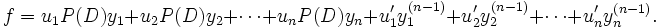 f=u_1P(D)y_1+u_2P(D)y_2+\cdots+u_nP(D)y_n+u'_1y^{(n-1)}_1+u'_2y^{(n-1)}_2+\cdots+u'_ny^{(n-1)}_n.