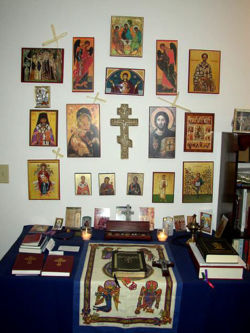 A fairly elaborate Orthodox Christian prayer corner as would be found in a private home