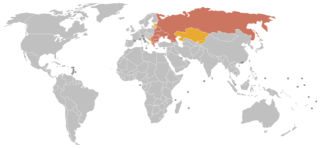 Distribution of Eastern Orthodoxy in the world by country ██ Dominant religion ██ Important minority religion (over 10%)