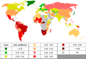 Differences in national income equality around the world as measured by the national Gini coefficient. The Gini coefficient is a number between 0 and 1, where 0 corresponds with perfect equality (where everyone has the same income) and 1 corresponds with perfect inequality (where one person has all the income, and everyone else has zero income). Countries in red tones have societies with more income inequality than those in green tones. 