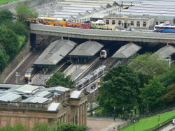 Edinburgh Waverley railway station - the principal mainline station in Edinburgh viewed from Edinburgh Castle.